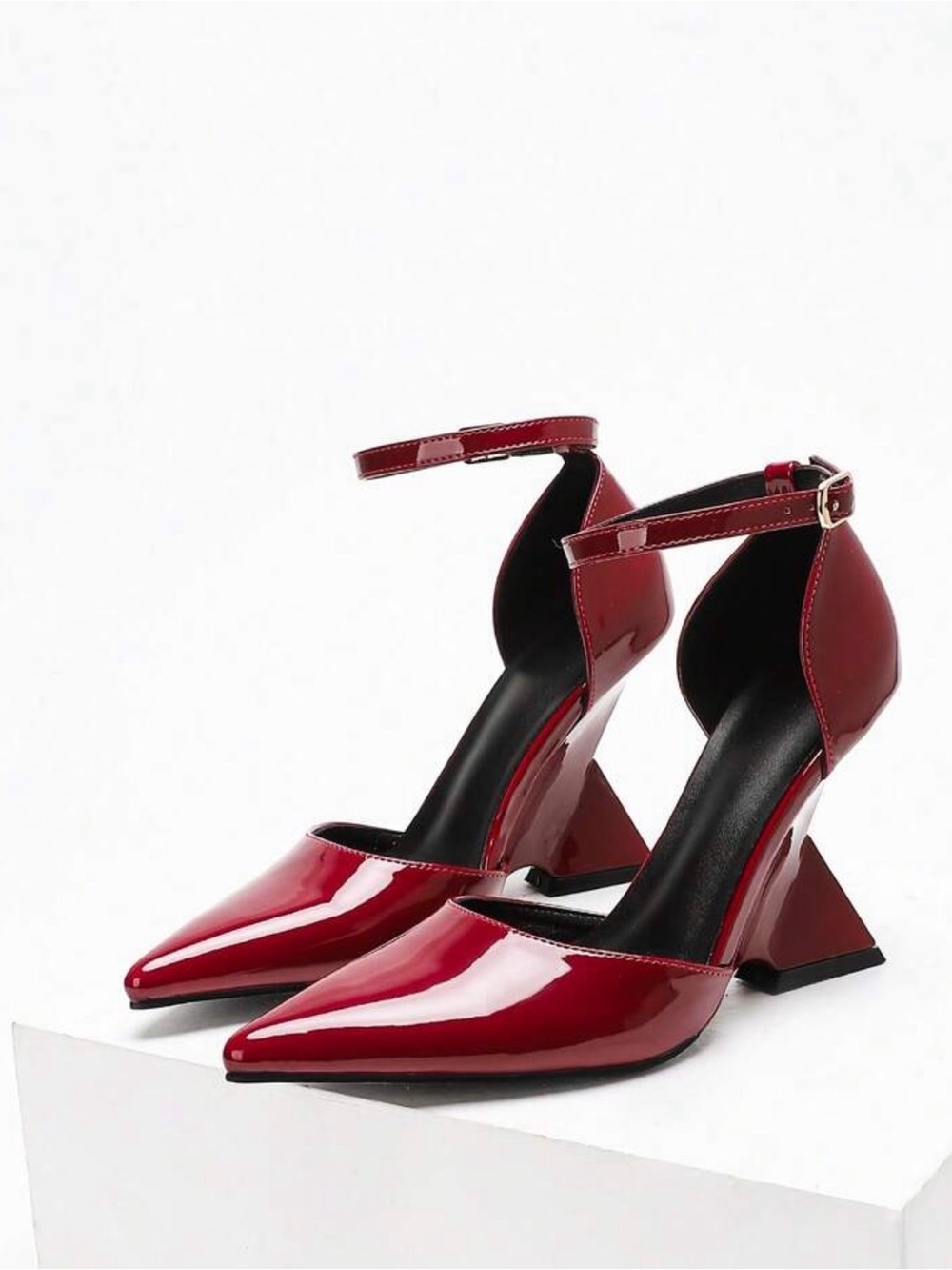 Women's Red Patent Pointed-Toe Ankle-Strap Heels